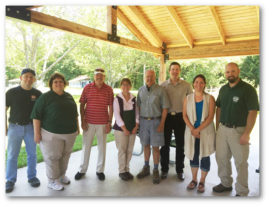 Pictured are Army Corp of Engineers Senior Staff Biologist Mike Leggiero, PACD Executive Director Brenda Shambaugh, Pike County Conservation District (PCCD) Director Bob Engvaldsen, PCCD Executive Director Sally Corrigan, PCCD Vice Chairman John Milliken, PA Department of Environmental Protection Conservation District Field Representative Shane Kleiner, USDA Natural Resources Conservation Service District Conservationist Jen Matthews, and PA Department of Conservation and Natural Resources Assistant District Forester Mike Roche. Photo provided by PCCD. 